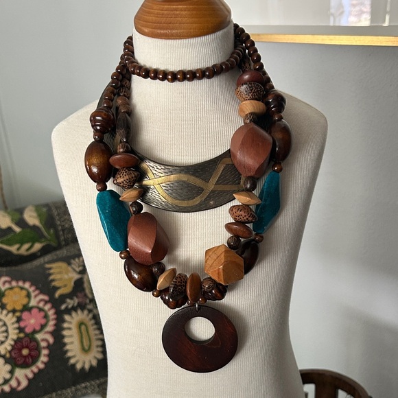 Vintage 80’s brass snake choker and Bohemian‎ Wooden and Teal Necklaces